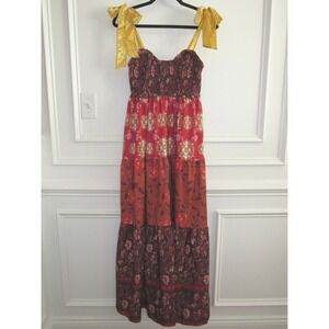 Boho Patchwork‎ Maxi Dress Satin Bow Straps Cottagecore Fairycore Festival M
